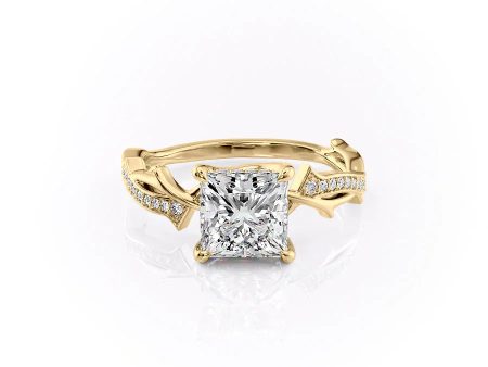 The Pave Twig Set With A 2.5 Carat Princess Lab Diamond on Sale