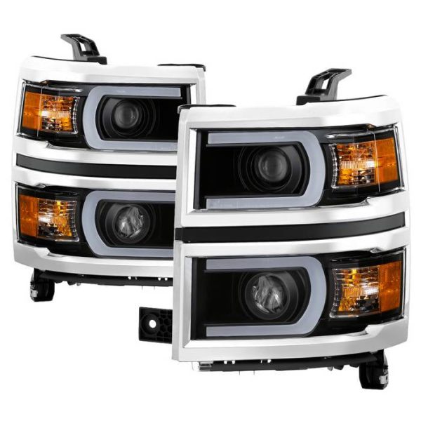 Xtune Projector Headlights Chevy Silverado 1500 (14-15) [DRL Light Bar - Halogen Model] Black or Chrome w  Amber Turn Signal For Discount